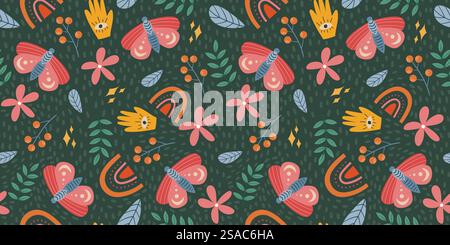 Skurrile nahtlose Schmetterlinge und botanisches Muster mit mystischen Elementen, lebhaften Farben und handgezeichneten Motiven auf dunkelgrünem Hintergrund perfekt für Stock Vektor
