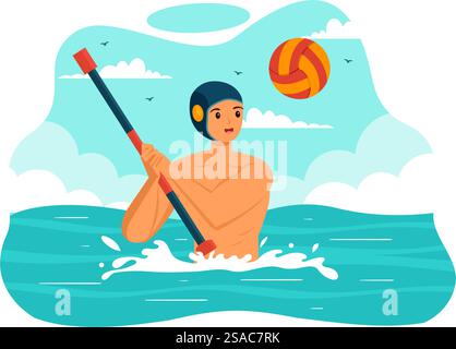 Wasser Polo Sport Vektor Illustration mit Spieler spielt, um den Ball auf das gegnerische Tor im Schwimmbad im flachen Zeichentrickhintergrund zu werfen Stock Vektor