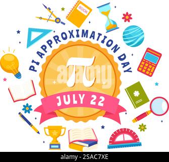 Pi Approximation Tag Vektor Illustration am 22. Juli mit mathematischen Konstanten, griechischen Buchstaben oder gebackener Süßkuchen im flachen Zeichentrickhintergrund Stock Vektor