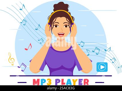 MP3-Player Vektor-Illustration mit musikalischer Notation, Kopfhörer, Headset und Telefon der Musik Hörgeräte in der mobilen App auf flachem Hintergrund Stock Vektor
