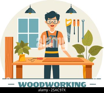 Holzbearbeitung Vektor-Illustration mit modernen Handwerkern und Arbeitern, die Möbel mit Werkzeugen herstellen, präsentiert in einem flachen Cartoon-Stil Hintergrund Stock Vektor