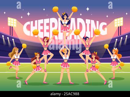 Cheerleader Girl Vektor Illustration mit Cheerleading Pom Poms des Tanzens und Springens zum Support Team Sport während des Wettbewerbs auf flachem Hintergrund Stock Vektor