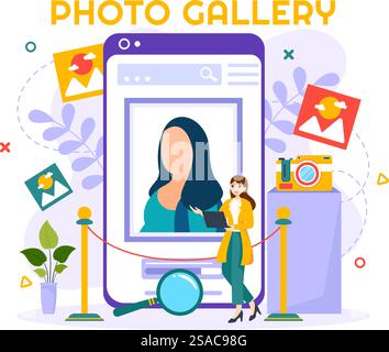 Fotogalerie Vektor-Illustration für Museumsbesucher Ansehen Sie Ausstellung von modernen abstrakten Gemälden und Bild in zeitgenössischem in flachem Hintergrund Stock Vektor