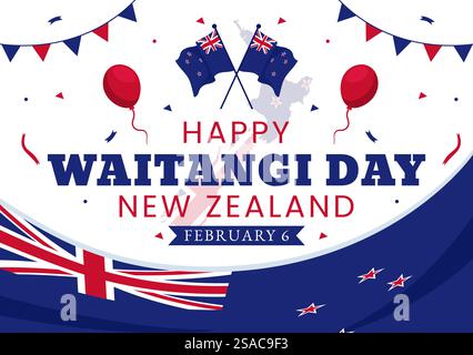 Happy Waitangi Day Vektor-Illustration am 6. Februar mit Neuseeland Flagge und Karte im National Holiday Flat Cartoon Hintergrund Design Stock Vektor