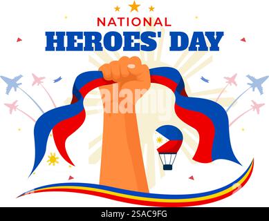Philippinen Helden Tag Vektor Illustration am 29. August mit wehender Flagge und Band in einer nationalen Feiertagsfeier, flacher Cartoon-Stil Hintergrund Stock Vektor