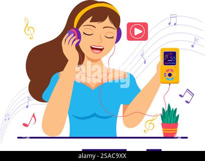 MP3-Player Vektor-Illustration mit musikalischer Notation, Kopfhörer, Headset und Telefon der Musik Hörgeräte in der mobilen App auf flachem Hintergrund Stock Vektor
