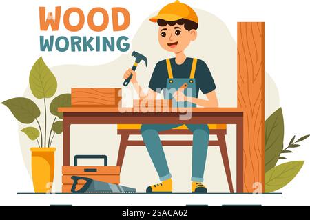 Holzbearbeitung Vektor-Illustration mit modernen Handwerkern und Arbeitern, die Möbel mit Werkzeugen herstellen, präsentiert in einem flachen Cartoon-Stil Hintergrund Stock Vektor