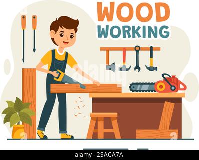 Holzbearbeitung Vektor-Illustration mit modernen Handwerkern und Arbeitern, die Möbel mit Werkzeugen herstellen, präsentiert in einem flachen Cartoon-Stil Hintergrund Stock Vektor