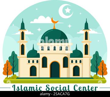 Islamisches Sozialzentrum Vektor-Illustration mit Moscheen, Bildungseinrichtungen für islamische Studien und Entwicklung in flachem Cartoon-Hintergrund Stock Vektor