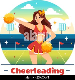 Cheerleader Girl Vektor Illustration mit Cheerleading Pom Poms des Tanzens und Springens zum Support Team Sport während des Wettbewerbs auf flachem Hintergrund Stock Vektor