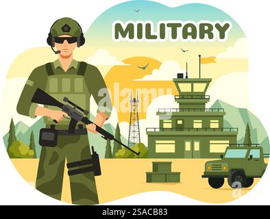 Vektor-Illustration der Militärarmee mit Soldaten, Waffen, Panzern und schwerer Schutzausrüstung in einem flachen Stil Cartoon Hintergrund Stock Vektor