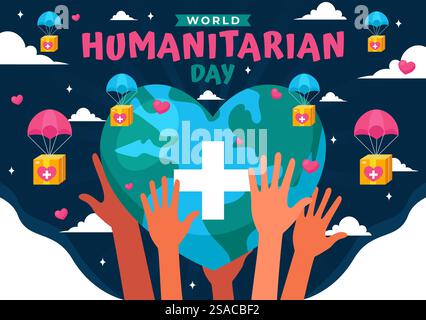 Vektor-Illustration zum Welttag der humanitären Hilfe mit einer globalen Feier zur Unterstützung von Menschen, Wohltätigkeit, Spenden und Freiwilligenarbeit auf einem flachen Hintergrund Stock Vektor