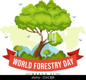Internationaler Waldtag Vektor-Illustration am 21. März mit Pflanzen, Bäumen, grünen Feldern und verschiedenen Wildtieren zur wirtschaftlichen Forstwirtschaft im Hintergrund Stock Vektor