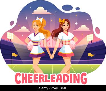 Cheerleader Girl Vektor Illustration mit Cheerleading Pom Poms des Tanzens und Springens zum Support Team Sport während des Wettbewerbs auf flachem Hintergrund Stock Vektor