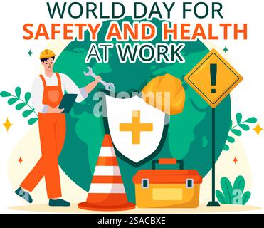 Welttag für Sicherheit und Gesundheit am Arbeitsplatz Vektor-Illustration am 28. April mit mechanischem Werkzeug und Bauhelm im flachen Cartoon-Hintergrund Stock Vektor
