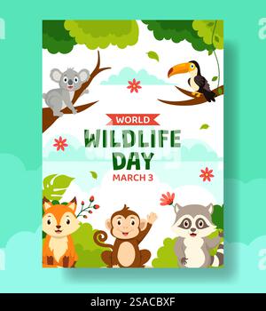 Wildlife Day Vertikales Poster Flat Cartoon Hand Gezeichnete Vorlagen Hintergrund Illustration Stock Vektor