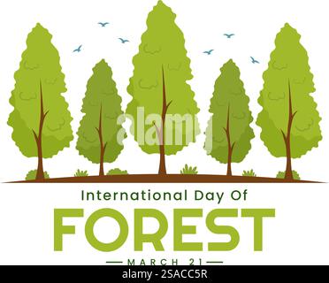 Internationaler Waldtag Vektor-Illustration am 21. März mit Pflanzen, Bäumen, grünen Feldern und verschiedenen Wildtieren zur wirtschaftlichen Forstwirtschaft im Hintergrund Stock Vektor