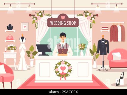Hochzeitsgeschäft Vektor-Illustration mit Liebhaber, der nach Schmuck, schönen Brautkleidern und Zubehör sucht, um im flachen Zeichentrickhintergrund zu heiraten Stock Vektor