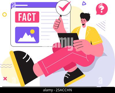 Fakt- oder Fake-Check-Nachrichten Vektor-Illustration mit Mythen vs. Fakten für gründliche Verifizierung und Evidenzvergleich in einem flachen Cartoon-Stil Hintergrund Stock Vektor
