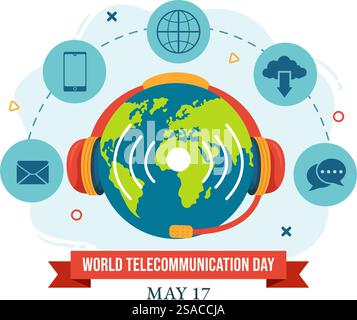 Welttag der Telekommunikation und Informationsgesellschaft Vektor-Illustration am 17. Mai mit Kommunikationsnetz quer durch die Erde Globe in flachem Hintergrund Stock Vektor