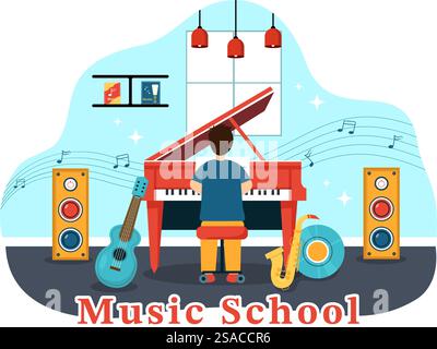Musik Schule Vektor Illustration mit Spielen verschiedener Musikinstrumente, Lernen Bildung Musiker und Sänger in Flat Kids Cartoon Hintergrund Stock Vektor
