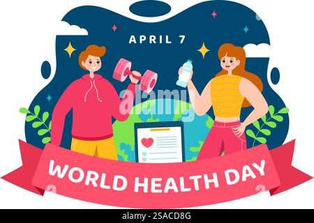 Weltgesundheitstag Vektor-Illustration am 7. April mit Erde und medizinischer Ausrüstung für die Bedeutung von Gesundheit und Lebensstil im Cartoon-Hintergrund Stock Vektor