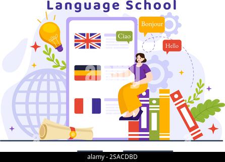 Sprachschule Vektor-Illustration von Online-Lernen, Kursen, Trainingsprogramm und Studium fremder Hallo-Sprachen im Ausland in flachem Hintergrund Stock Vektor