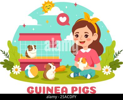 Meerschweinchen-Vektor-Illustration mit verschiedenen Hamsterrassen in grünen Feldern in einem flachen netten Kinder-Cartoon-Stil Hintergrund-Design Stock Vektor