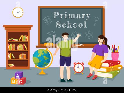 Primary School Vector Illustration von Schülern Kinder und Schulgebäude mit dem Konzept des Lernens und Wissens in Flat Cartoon Hintergrund Stock Vektor