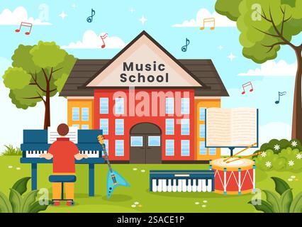 Musik Schule Vektor Illustration mit Spielen verschiedener Musikinstrumente, Lernen Bildung Musiker und Sänger in Flat Kids Cartoon Hintergrund Stock Vektor