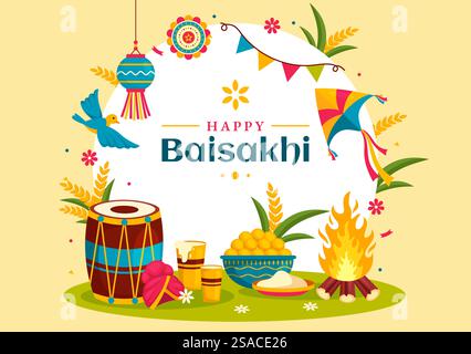 Glückliche Baisakhi Vektor-Illustration von Vaisakhi Punjabi Frühlings-Ernte-Festival der Sikh-Feier mit Trommel und Drachen im Feiertags-Cartoon-Hintergrund Stock Vektor