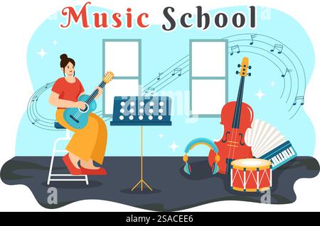 Musik Schule Vektor Illustration mit Spielen verschiedener Musikinstrumente, Lernen Bildung Musiker und Sänger in Flat Kids Cartoon Hintergrund Stock Vektor