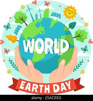 World Earth Day Vector Illustration am 22. April mit Weltkarte und Pflanzen oder Bäumen für die Begrünung des Bewusstseins in der Umwelt flacher Zeichentrickhintergrund Stock Vektor