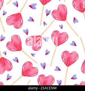 Nahtloses Muster mit Herzlutschen und rosa-violetten Herzen von Aquarell Stockfoto
