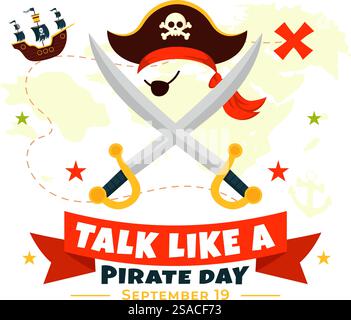 International Talk like a Pirate Day Vector Illustration mit niedlichen Pirate Cartoon Charakteren und dekorativen Elementen im flachen Stil Cartoon Hintergrund Stock Vektor