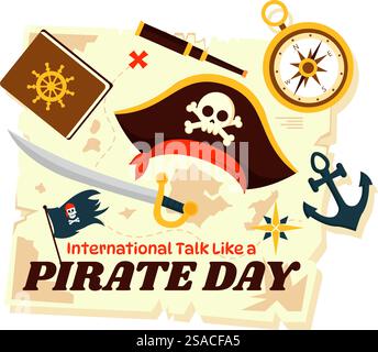 International Talk like a Pirate Day Vector Illustration mit niedlichen Pirate Cartoon Charakteren und dekorativen Elementen im flachen Stil Cartoon Hintergrund Stock Vektor