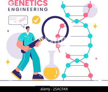 Vektor-Illustration von Gentechnik und DNA-Modifikationen mit Genetics Research oder Experiment Scientists in einem flachen Cartoon-Stil Hintergrund Stock Vektor