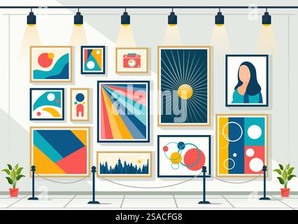 Fotogalerie Vektor-Illustration für Museumsbesucher Ansehen Sie Ausstellung von modernen abstrakten Gemälden und Bild in zeitgenössischem in flachem Hintergrund Stock Vektor