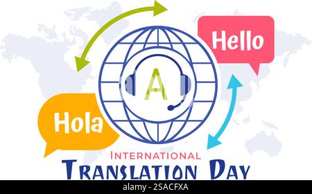 Illustration zum Weltübersetzer- oder Übersetzungstag mit Hallo-Grüßen in verschiedenen Ländern und mehrsprachiger internationaler Kommunikation Stock Vektor