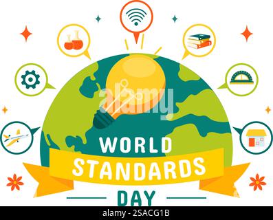 World Standards Day Vector Illustration am 14. Oktober mit Globe, Stoppuhr, Lineal Skala und Qualitätstafel in einem flachen Cartoon Hintergrund Stock Vektor