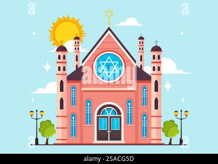 Synagogengebäude oder jüdischer Tempel Vektor-Illustration mit religiösem, hebräischem oder Judentum und jüdischem Anbetungsort im flachen Zeichentrickhintergrund Stock Vektor