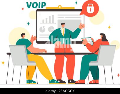 VOIP- oder Voice-over-Internet-Protokoll-Vektor-Illustration mit Telefonie-Schematechnologie und Network Phone Call Software in flachem Hintergrund Stock Vektor