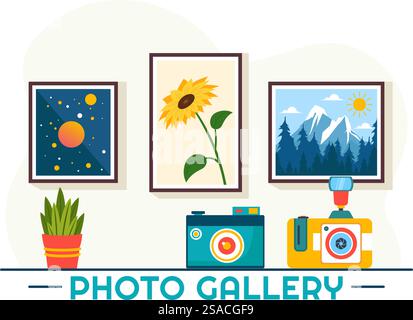 Fotogalerie Vektor-Illustration für Museumsbesucher Ansehen Sie Ausstellung von modernen abstrakten Gemälden und Bild in zeitgenössischem in flachem Hintergrund Stock Vektor
