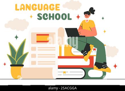 Sprachschule Vektor-Illustration von Online-Lernen, Kursen, Trainingsprogrammen und Fremdsprachenlernen im Ausland in einem flachen Hintergrund Stock Vektor