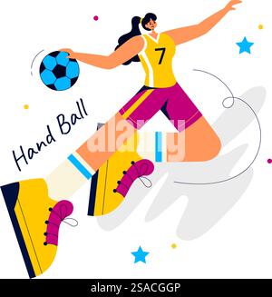 Handball-Vektor-Illustration eines Spielers, der den Ball berührt und ein Tor während eines Sportwettbewerbs in einem flachen Cartoon-Hintergrund erzielt Stock Vektor