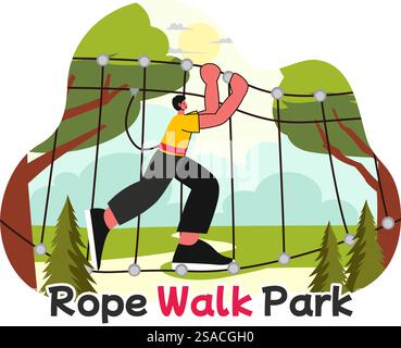 Seilweg Park Vektor-Illustration einer Abenteueraktivität für Kinder, die Seile in der Höhe klettern, Hindernisse mit sicherer Ausrüstung überwinden Stock Vektor