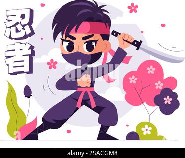 Übersetzung : Ninja Vektor Illustration mit einer Ninja Shinobi Figur aus Japan in einem flachen niedlichen Stil Cartoon Hintergrund Stock Vektor