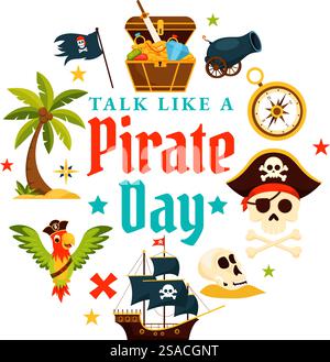 International Talk like a Pirate Day Vector Illustration mit niedlichen Pirate Cartoon Charakteren und dekorativen Elementen im flachen Stil Cartoon Hintergrund Stock Vektor