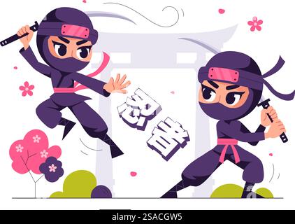 Übersetzung : Ninja Vektor Illustration mit einer Ninja Shinobi Figur aus Japan in einem flachen niedlichen Stil Cartoon Hintergrund Stock Vektor