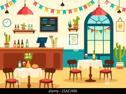 Mexikanisches Essen Restaurant Vektor-Illustration mit verschiedenen der köstlichen traditionellen Küche Tacos, Nachos und andere auf flachem Zeichentrickhintergrund Stock Vektor